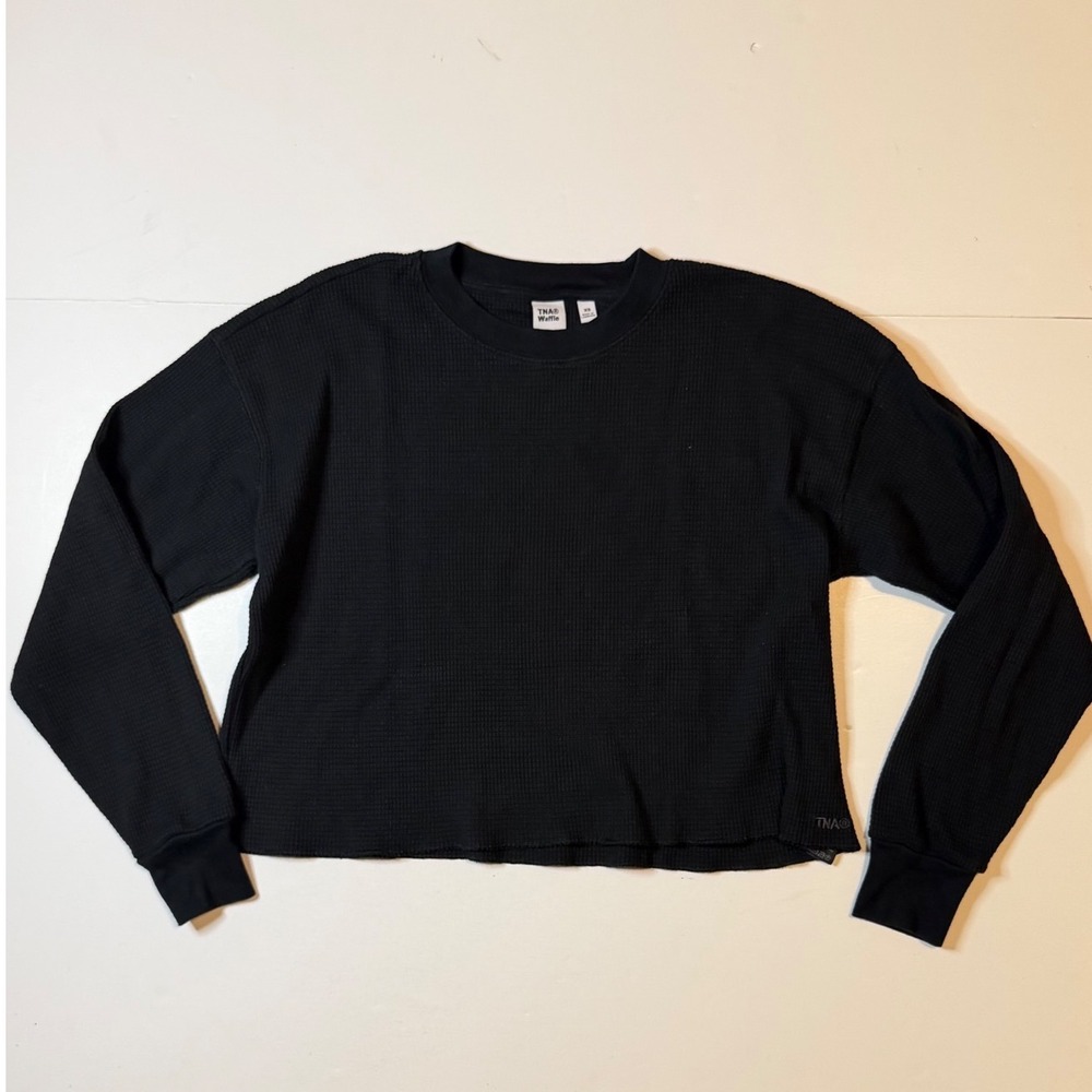 TNA Aritzia Waffle Long Sleeve Women XS Black Cropped Knit Shirt